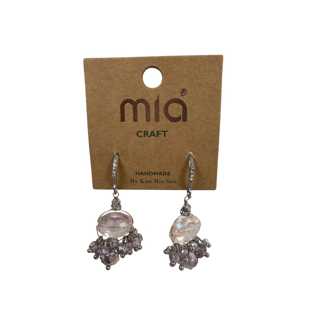 NEW Mia Collection‎ Handmade Earrings Pink Iridescent Gemstones Dangle Silver